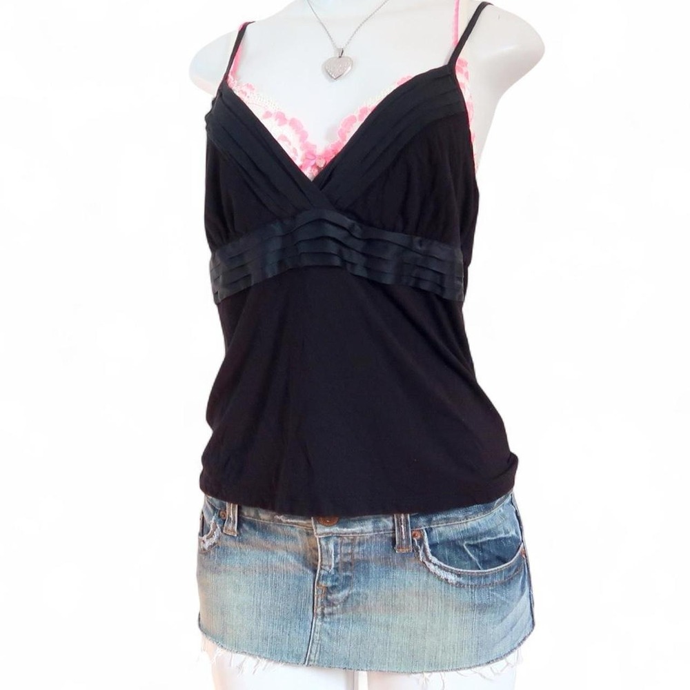 Y2K black lace trim cami pink lace tank top